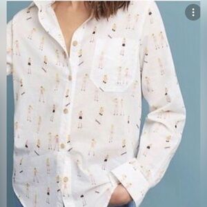 Acote Anthropologie Skater Print White Long Sleeve Button Up Blouse Small